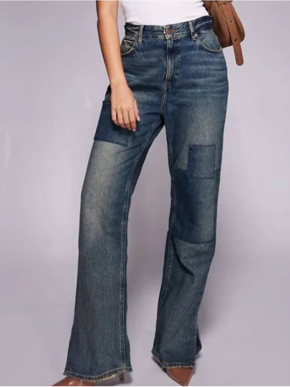 Good American The Khloé High Waist Patch Denim Straight Leg Jeans Women size 8